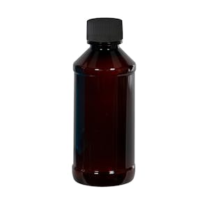 16 oz. Amber PET Modern Round Bottle with 24/400 Black Ribbed CRC Cap with F217 Liner