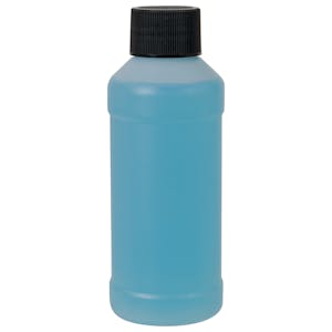 4 oz. Natural HDPE Modern Round Bottle with 24/410 Black Ribbed Cap with F217 Liner