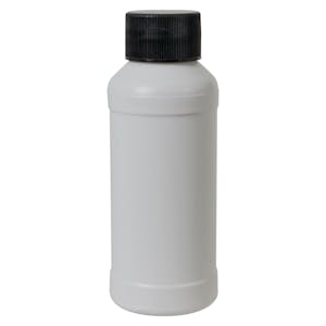 4 oz. White HDPE Modern Round Bottle with 28/410 Black Ribbed Cap with F217 Liner