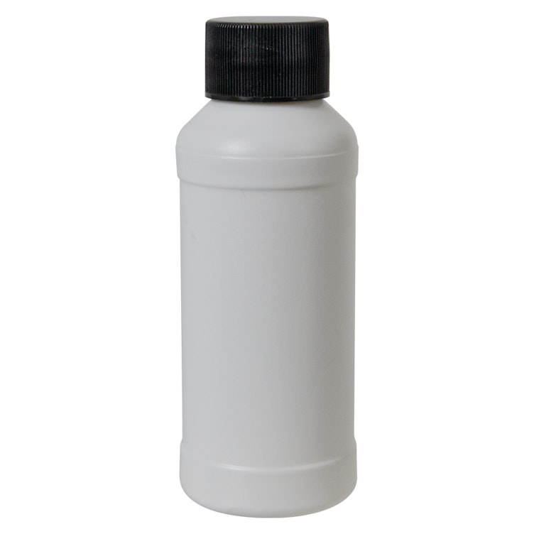 4 oz. White HDPE Modern Round Bottle with 28/410 Black Ribbed Cap with F217 Liner