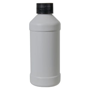 8 oz. White HDPE Modern Round Bottle with 28/410 Black Ribbed Cap with F217 Liner