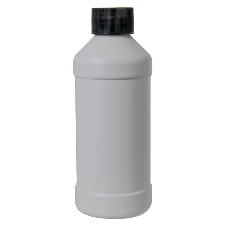 8 oz. White HDPE Modern Round Bottle with 28/410 Black Ribbed Cap with F217 Liner