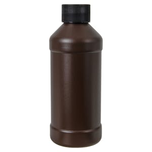 8 oz. Brown HDPE Modern Round Bottle with 28/410 Black Ribbed Cap with F217 Liner