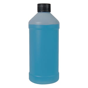 16 oz. Natural HDPE Modern Round Bottle with 28/410 Black Ribbed Cap with F217 Liner