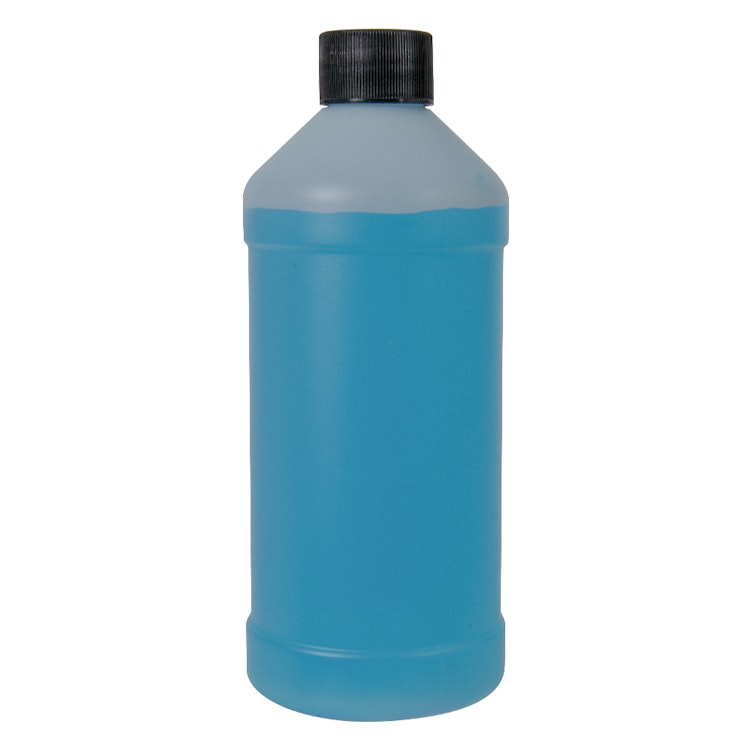 16 oz. Natural HDPE Modern Round Bottle with 28/410 Black Ribbed Cap with F217 Liner