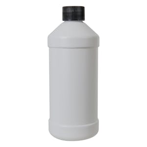 16 oz. White HDPE Modern Round Bottle with 28/410 Black Ribbed Cap with F217 Liner