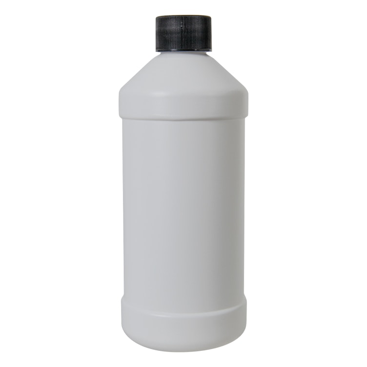 16 oz. White HDPE Modern Round Bottle with 28/410 Black Ribbed Cap with F217 Liner
