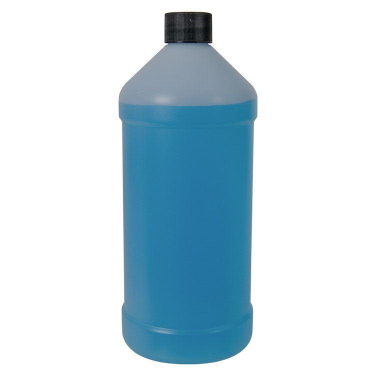 32 oz. Natural HDPE Modern Round Bottle with 28/410 Black Ribbed Cap with F217 Liner
