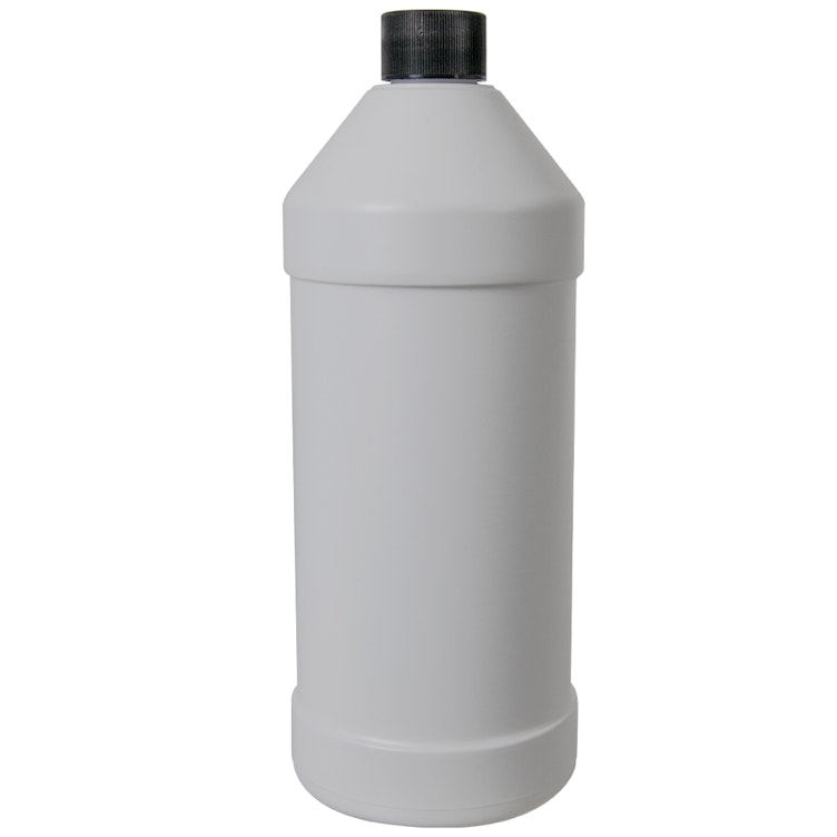 32 oz. White HDPE Modern Round Bottle with 28/410 Black Ribbed Cap with F217 Liner