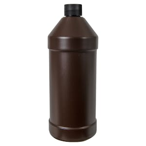 32 oz. Brown HDPE Modern Round Bottle with 28/410 Black Ribbed Cap with F217 Liner