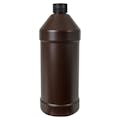 32 oz. Brown HDPE Modern Round Bottle with 28/410 Black Ribbed Cap with F217 Liner