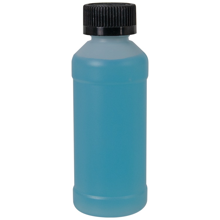 4 oz. Natural HDPE Modern Round Bottle with 24/400 Black Ribbed CRC Cap with F217 Liner