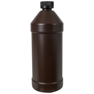 32 oz. Brown HDPE Modern Round Bottle with 28/400 Black Ribbed CRC Cap with F217 Liner