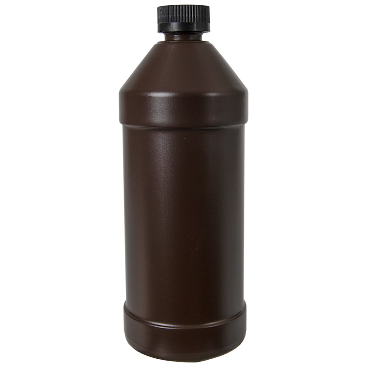 32 oz. Brown HDPE Modern Round Bottle with 28/400 Black Ribbed CRC Cap with F217 Liner