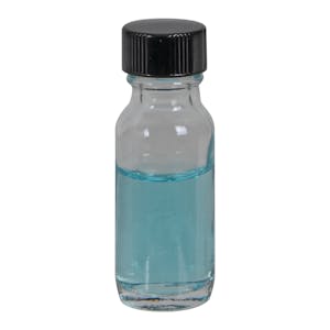 1/2 oz. Clear Glass Boston Round Bottle with 18/400 Black Phenolic Cap with Pulp & Vinyl Liner