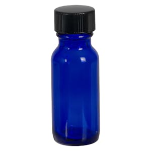 1/2 oz. Cobalt Blue Glass Boston Round Bottle with 18/400 Black Phenolic Cap with Pulp & Vinyl Liner