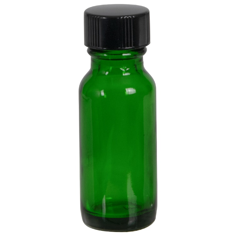 1/2 oz. Green Glass Boston Round Bottle with 18/400 Black Phenolic Cap with Pulp & Vinyl Liner