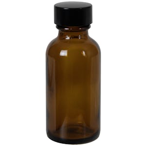 1/2 oz. Amber Glass Boston Round Bottle with 18/400 Black Phenolic Cap with Pulp & Vinyl Liner