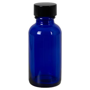 1 oz. Cobalt Blue Glass Boston Round Bottle with 20/400 Black Phenolic Cap with Pulp & Vinyl Liner