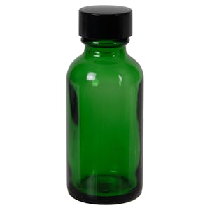 1 oz. Green Glass Boston Round Bottle with 20/400 Black Phenolic Cap with Pulp & Vinyl Liner