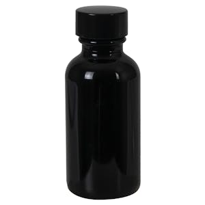 1 oz. Black Glass Boston Round Bottle with 20/400 Black Phenolic Cap with Pulp & Vinyl Liner