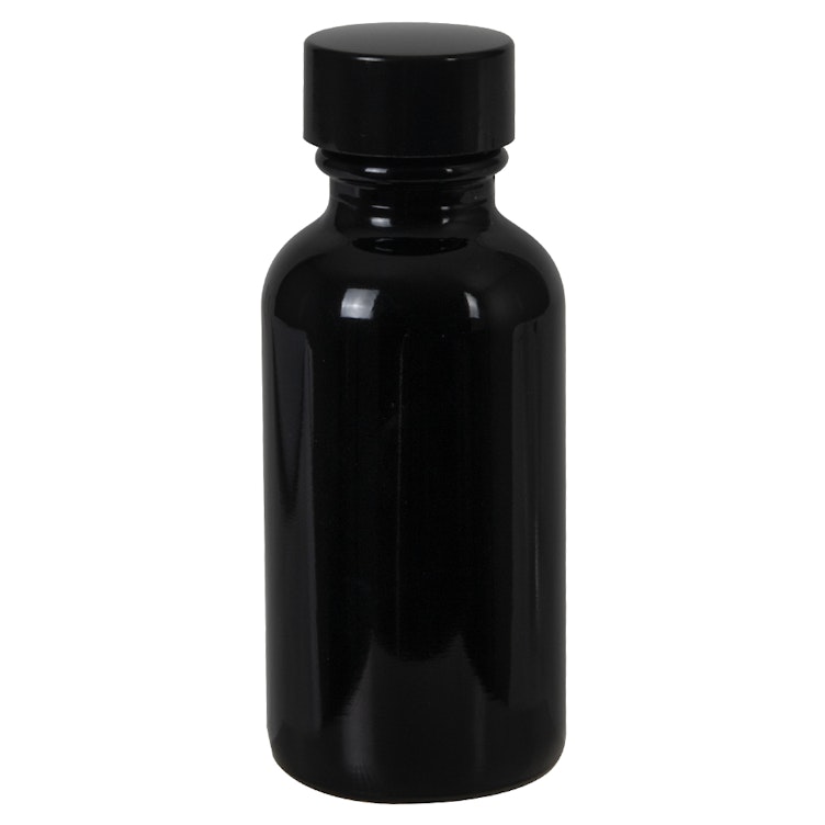 1 oz. Black Glass Boston Round Bottle with 20/400 Black Phenolic Cap with Pulp & Vinyl Liner