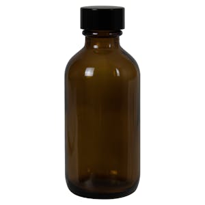 2 oz. Amber Glass Boston Round Bottle with 20/400 Black Phenolic Cap with Pulp & Vinyl Liner