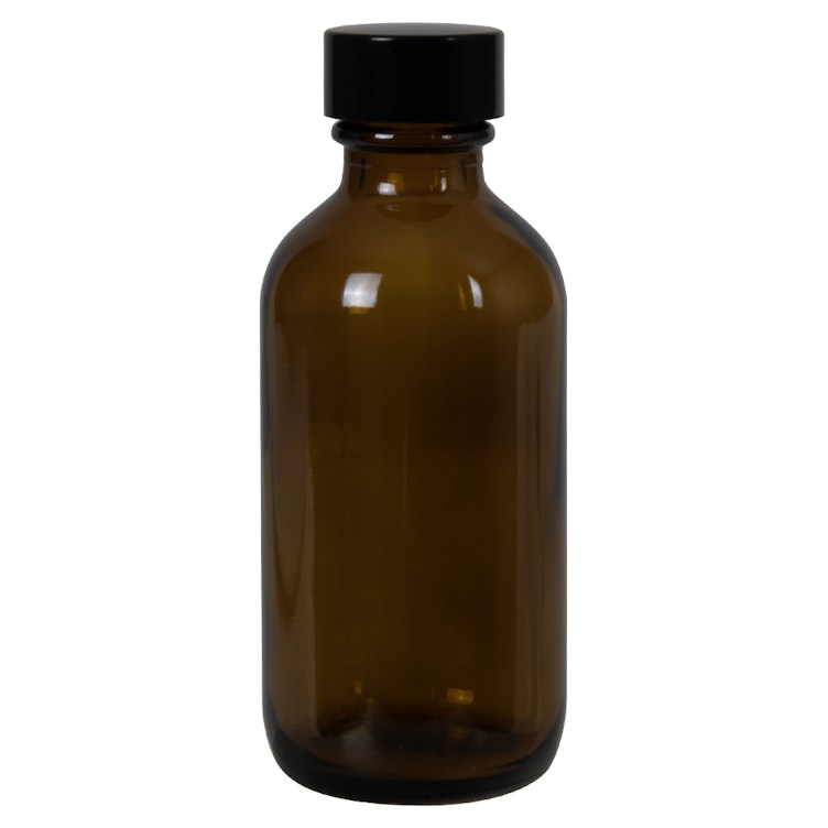 2 oz. Amber Glass Boston Round Bottle with 20/400 Black Phenolic Cap with Pulp & Vinyl Liner