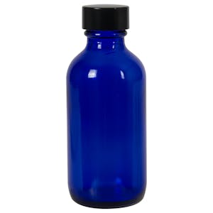 2 oz. Cobalt Blue Glass Boston Round Bottle with 20/400 Black Phenolic Cap with Pulp & Vinyl Liner