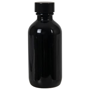 2 oz. Black Glass Boston Round Bottle with 20/400 Black Phenolic Cap with Pulp & Vinyl Liner