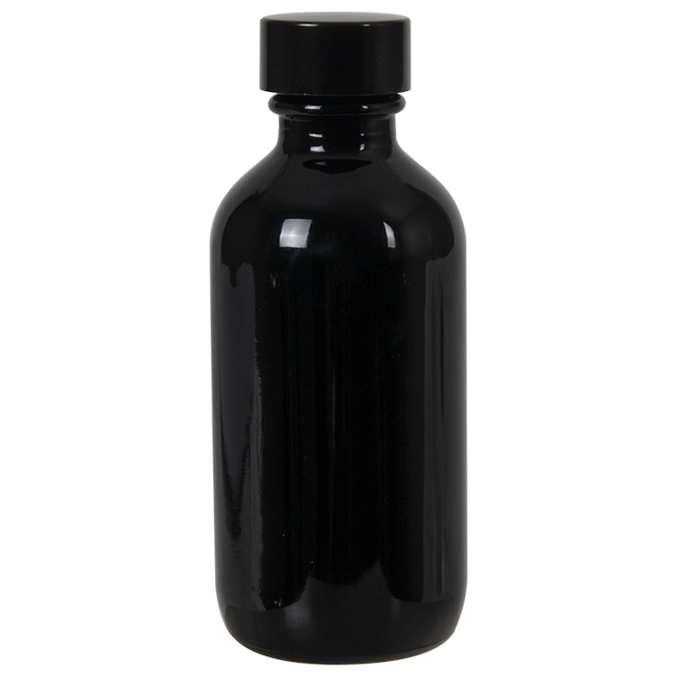 2 oz. Black Glass Boston Round Bottle with 20/400 Black Phenolic Cap with Pulp & Vinyl Liner