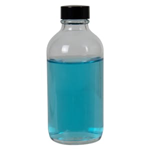8 oz. Clear Glass Boston Round Bottle with 24/400 Black Phenolic Cap with Pulp & Vinyl Liner