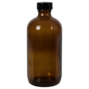 8 oz. Amber Glass Boston Round Bottle with 24/400 Black Phenolic Cap with Pulp & Vinyl Liner