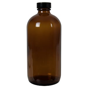 16 oz. Amber Glass Boston Round Bottle with 28/400 Black Phenolic Cap with Pulp & Vinyl Liner