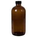 16 oz. Amber Glass Boston Round Bottle with 28/400 Black Phenolic Cap with Pulp & Vinyl Liner