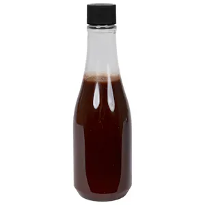 8 oz. Clear PET Round Keuka Bottle with 24/410 Black Ribbed Cap with F217 Liner