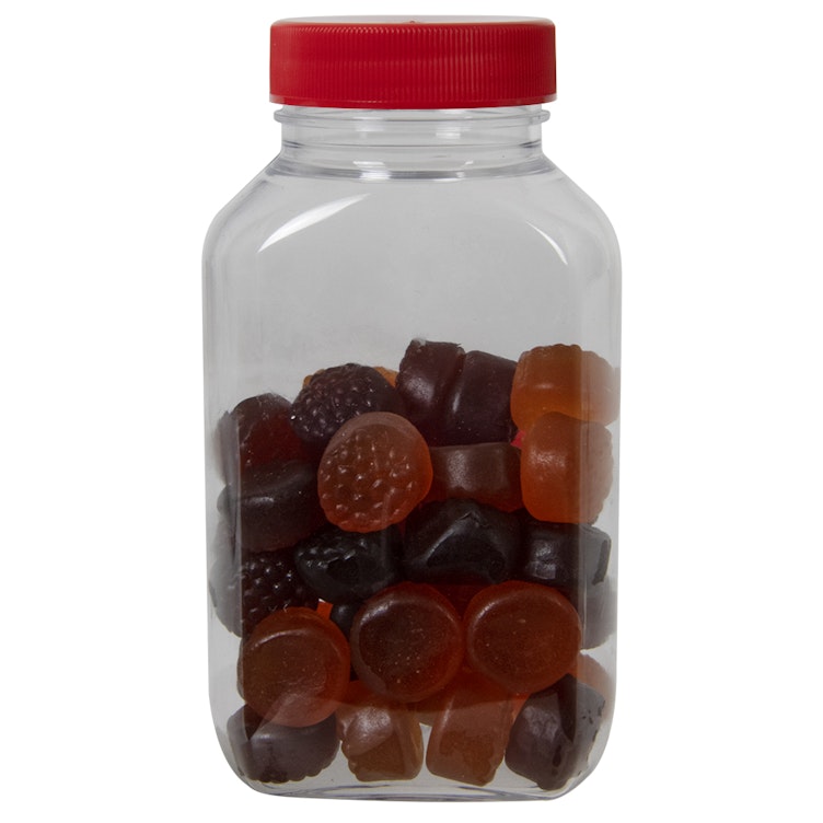 160cc (5.41 oz.) Clear PET Oblong Pharma Bottle with 38/400 Red Ribbed Cap with F217 Liner