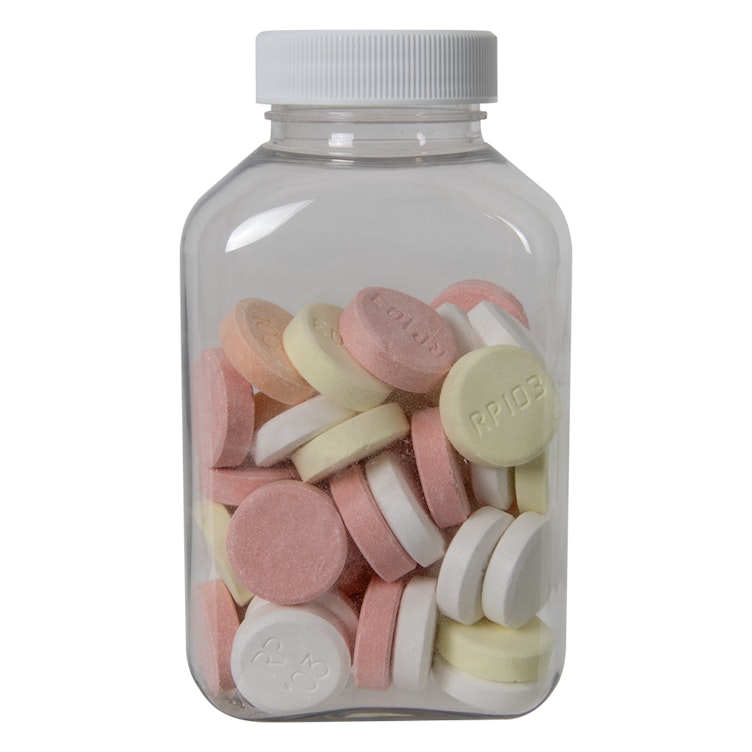 250cc (8.45 oz.) Clear PET Oblong Pharma Bottle with 38/400 White Ribbed Cap with F217 Liner