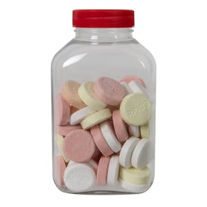250cc (8.45 oz.) Clear PET Oblong Pharma Bottle with 38/400 Red Ribbed Cap with F217 Liner