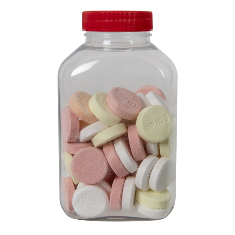 250cc (8.45 oz.) Clear PET Oblong Pharma Bottle with 38/400 Red Ribbed Cap with F217 Liner