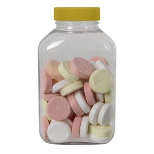 250cc (8.45 oz.) Clear PET Oblong Pharma Bottle with 38/400 Yellow Ribbed Cap with F217 Liner