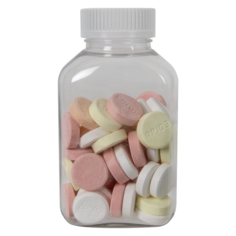 250cc (8.45 oz.) Clear PET Oblong Pharma Bottle with 38/400 White Ribbed CRC Cap with F217 Liner