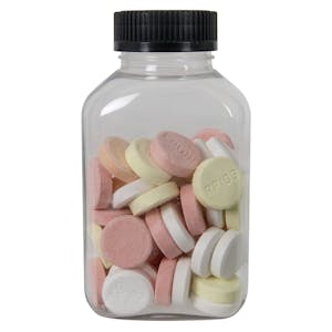 250cc (8.45 oz.) Clear PET Oblong Pharma Bottle with 38/400 Black Ribbed CRC Cap with F217 Liner