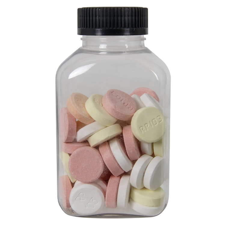 250cc (8.45 oz.) Clear PET Oblong Pharma Bottle with 38/400 Black Ribbed CRC Cap with F217 Liner