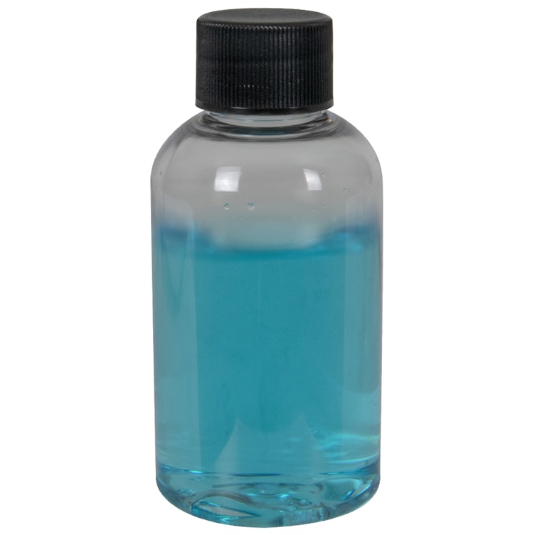 2 oz. Clear PET Squat Boston Round Bottle with 20/410 Black Ribbed Cap with F217 Liner