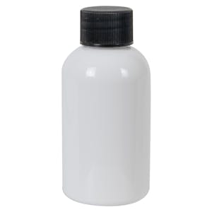 2 oz. White PET Squat Boston Round Bottle with 20/410 Black Ribbed Cap with F217 Liner