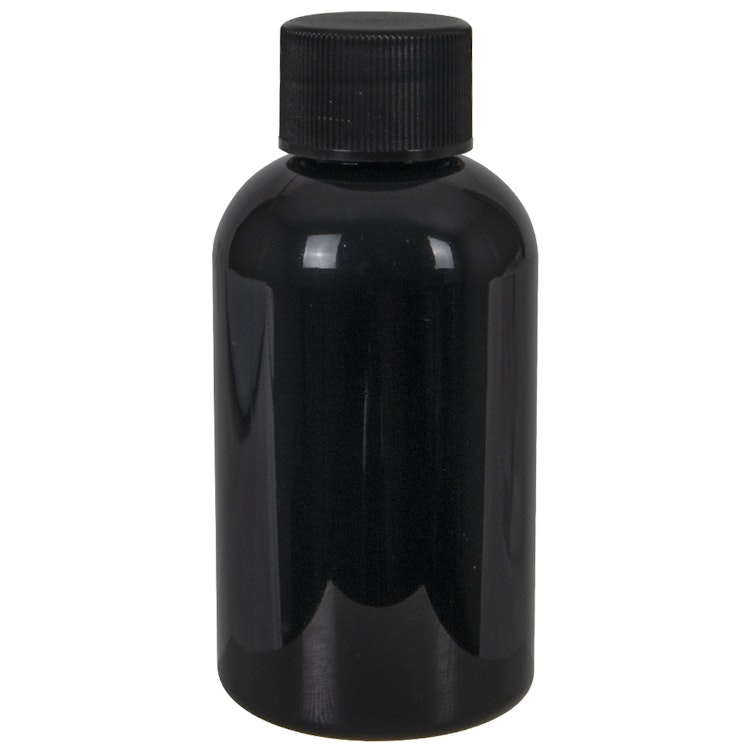 2 oz. Black PET Squat Boston Round Bottle with 20/410 Black Ribbed Cap with F217 Liner