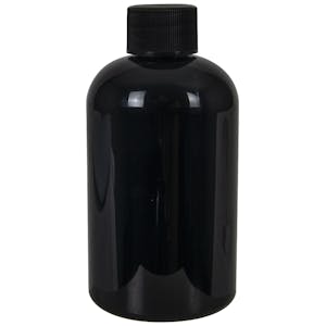 4 oz. Black PET Squat Boston Round Bottle with 20/410 Black Ribbed Cap with F217 Liner