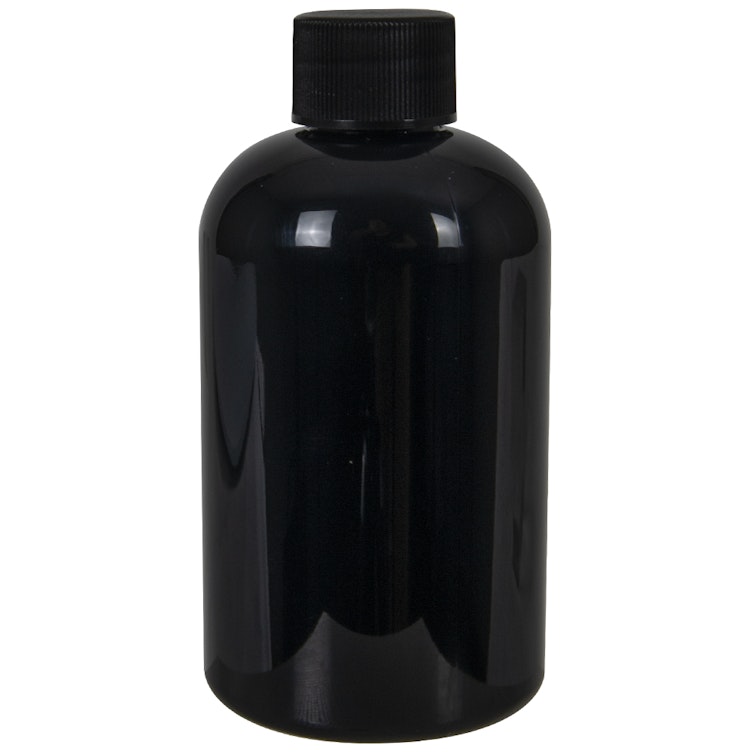 4 oz. Black PET Squat Boston Round Bottle with 20/410 Black Ribbed Cap with F217 Liner