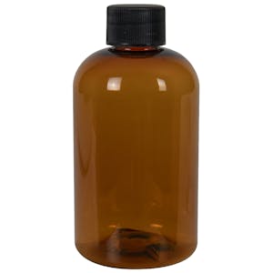 4 oz. Cobalt Blue PET Squat Boston Round Bottle with 20/410 Black Ribbed Cap with F217 Liner